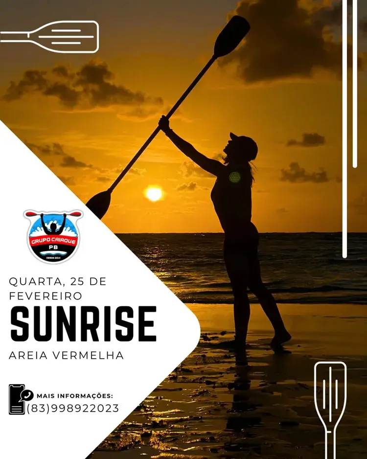 Imagem de uma pessoa remando ao pôr do sol na praia Areia Vermelha, destacando a energia e natureza do evento. Data do evento: 25 de fevereiro às 5:30 AM.