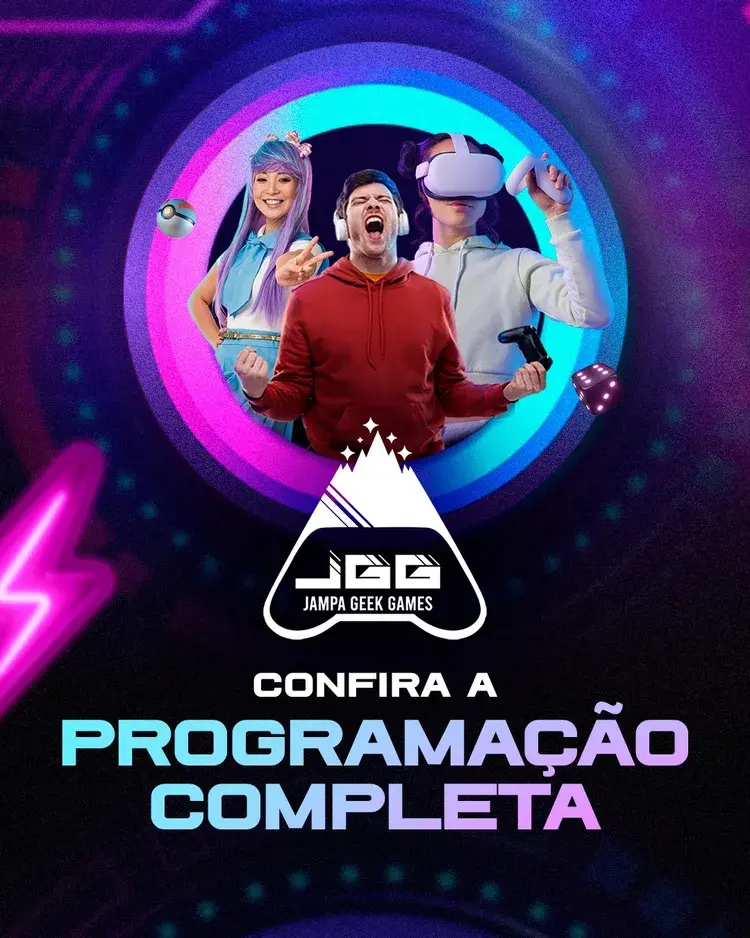 Celebrating the Jampa Geek Games with vibrant activities like karaoke, cosplay, and a talent show happening in João Pessoa at the Praça de Alimentação from March 13 to 15, featuring a live performance by Denilson Félix.
