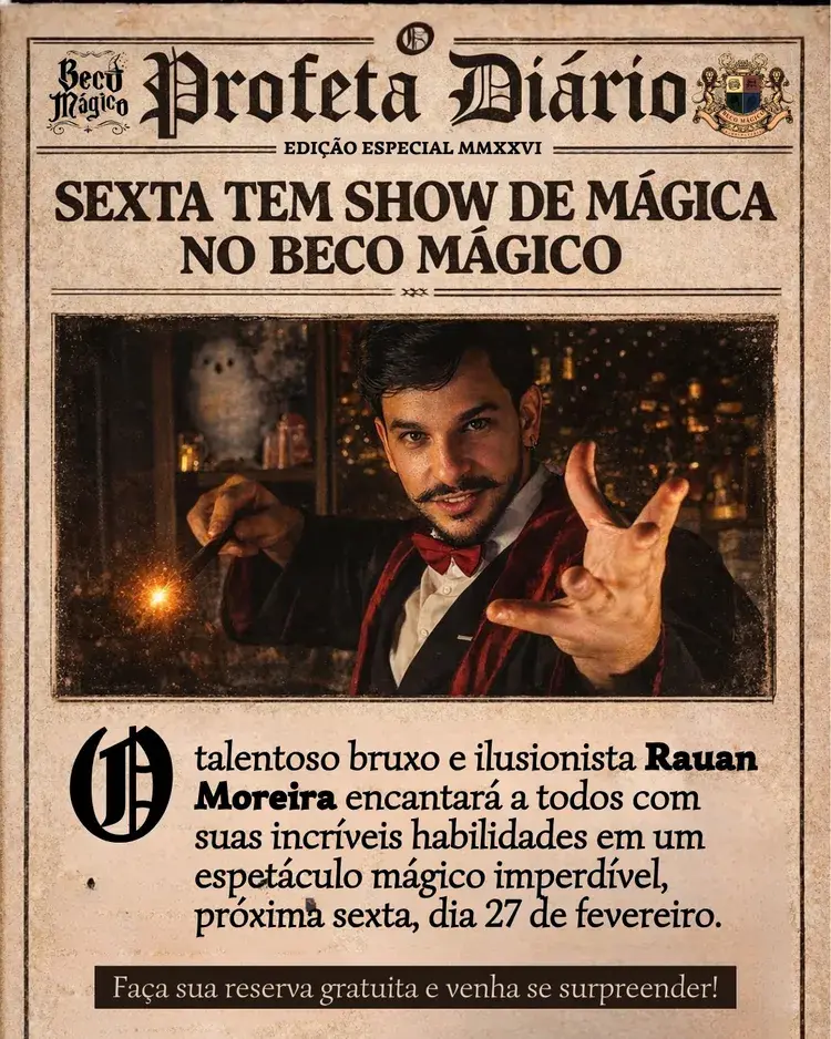 Imagem do Beco Mágico em João Pessoa com decorativos que reforçam a temática de mágica. Atrações e ambiente que cria uma experiência imersiva para as famílias que visitam o local.