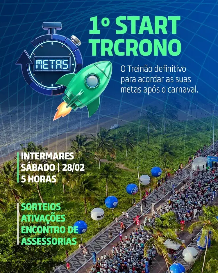 Promoção do evento 1º Start Trcrono que ocorrerá em Intermares no dia 28/02/2026. Imagem mostra o mar e corredores se preparando para o evento.