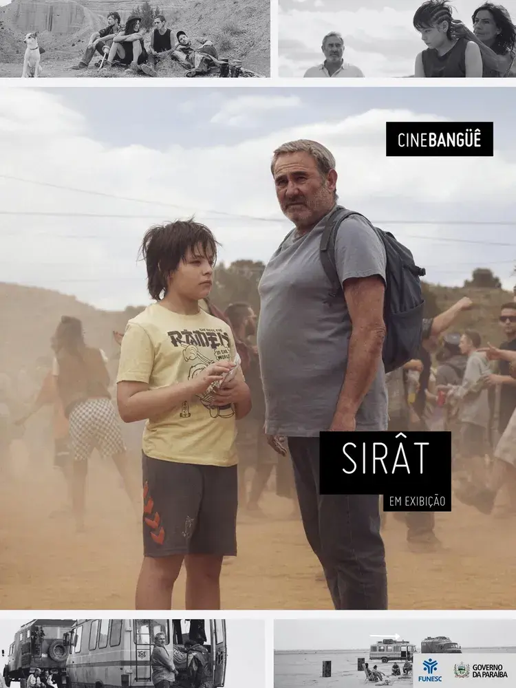 Cartaz do filme 'Sirât', apresentando a sinopse sobre um pai e seu filho que buscam a filha desaparecida em uma rave no deserto. Detalhes da exibição no Cine Bangüê em João Pessoa, incluindo horários e preços dos ingressos.