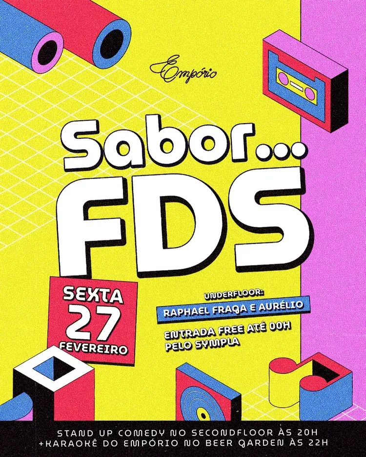 Cartaz do evento Sabor FDS no Empório Café, destacando a data, line-up e promoções.