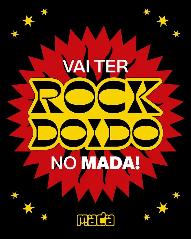 Cartaz do Festival de Música Mada 2026 com as palavras 'Vai ter rock doido no MADA', destacando a presença de gabyamarantos e a história das aparelhagens no Pará.