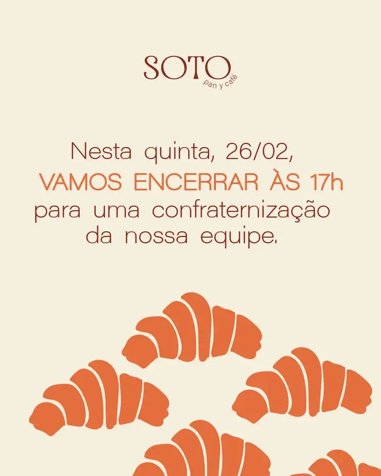 Cartaz informando sobre a mudança no horário de funcionamento do SOTO em Recife, mencionando que no dia 26/02 o local encerrará às 17h devido a confraternização da equipe.