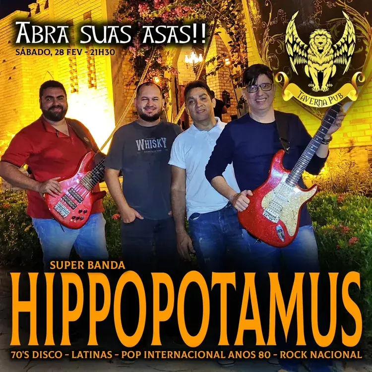 Um grupo de pessoas da banda Hippopotamus se apresentando no Taverna Pub, promovendo um show que trará músicas nostálgicas de várias décadas.