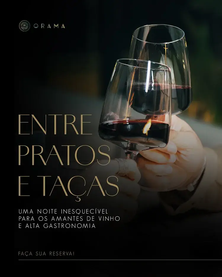 Imagem de duas taças de vinho tinto brindando, representando um jantar harmonizado. O texto destaca a data do evento: 14 de março de 2025, às 19h, no Hotel Ba’ra — ORAMA Rooftop.