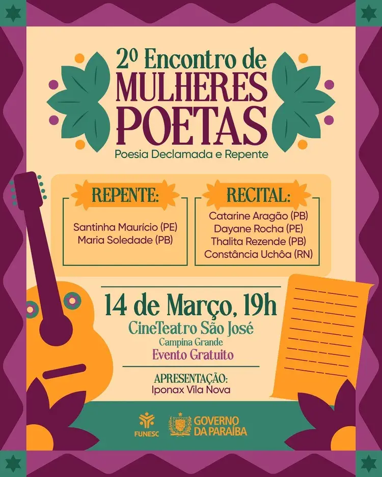 Cartaz do 2º Encontro de Mulheres Poetas, com detalhes sobre as atrações e local do evento.