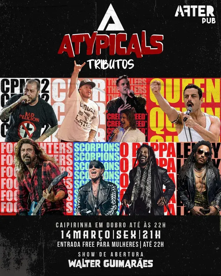 Evento no After Pub com Atypicals Band e Walter Guimarães no dia 14 de março às 21h. Promoção de caipirinha em dobro até às 22h e entrada grátis para mulheres até esse horário. Local: Av. Izidro Gomes, 63 - Tambaú, João Pessoa.