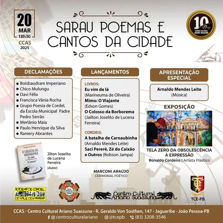Convite para o Sarau Poemas e Cantos da Cidade, destacando o lançamento do livro "O Colosso da Borborema" e a programação do evento, incluindo declamações e exposições de arte.