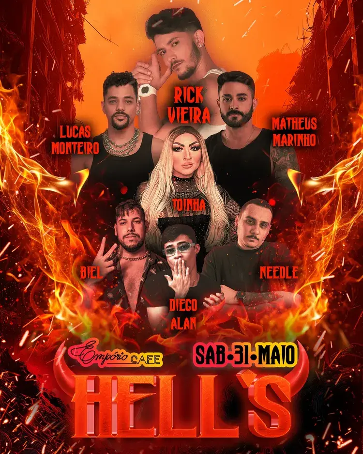 Cartaz da festa HELLS no Empório Café com os DJs Lucas Monteiro, Rick Vieira, Matheus Marinho, Toinha, Biel, Diego Alan e Needle, programada para o dia 31 de maio.