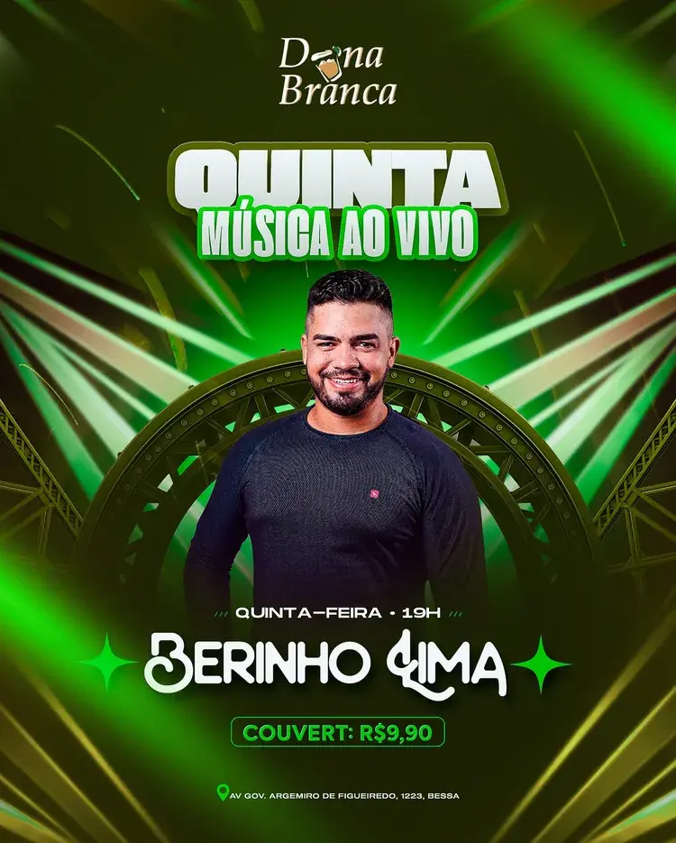 Cartaz do evento com Berinho Lima, informando que a música ao vivo será na quinta-feira às 19h, com couvert de R$9,90. Localizado na Av Gov. Argemiro de Figueiredo, 1223, Jardim Oceania.