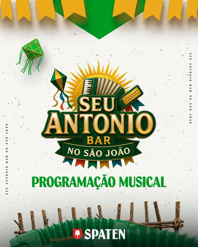Logotipo do Seu Antonio Bar no São João com elementos festivos e destaque para programação musical.