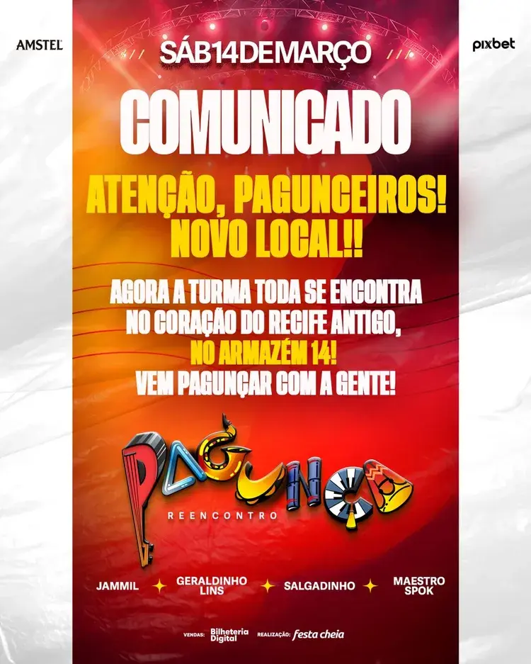Cartaz do evento Pagunça - Reencontro no Armazém 14, Recife. Data: Sábado 14 de Março. Atrações: Jammil, Geraldinho Lins, Salgadinho, Maestro Spok.